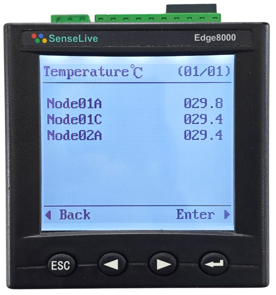 Edge8000 – Wireless Busbar Monitoring Gateway SenseLive Edge8000 wireless busbar monitoring gateway installed on a DIN-rail inside a low-voltage switchgear cabinet, showing status LEDs, RS-485 terminals and antenna—aggregating real-time temperature data from up to 60 wireless sensors.